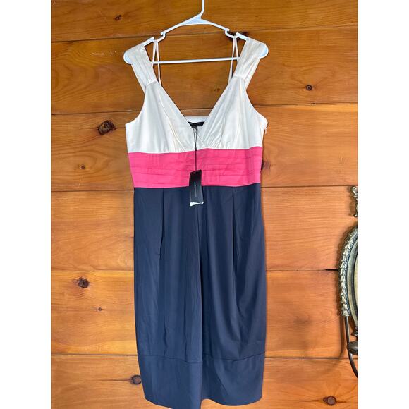 NWT BCBGMaxAzria Cream Pink & Navy Blue A-Line Dress Colorblocked Cocktail Sz 8 - Picture 2 of 5